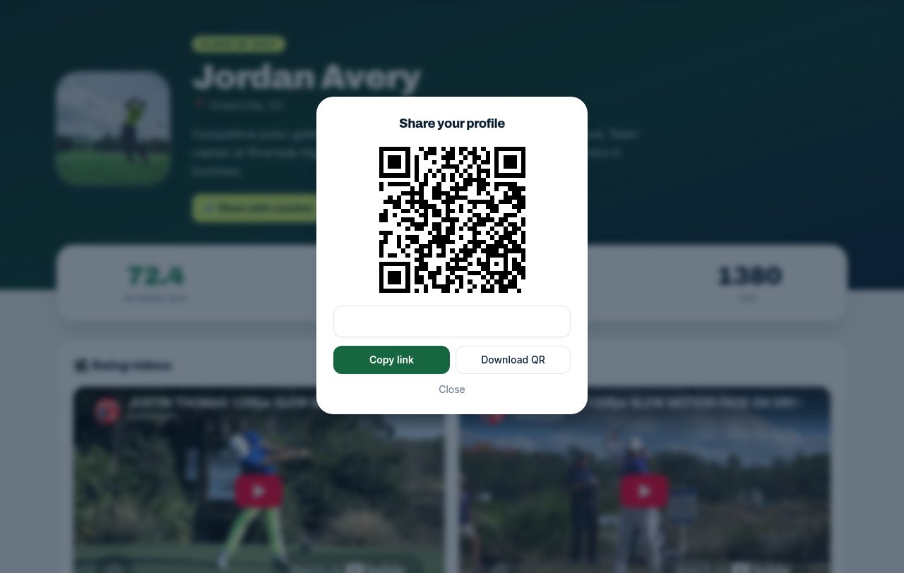 Share with coaches dialog with a profile link and QR code