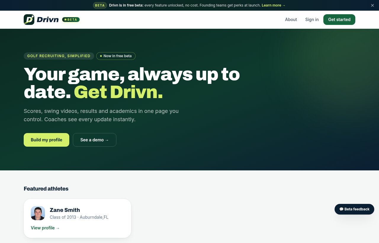 Drivn home page with the free beta announcement bar