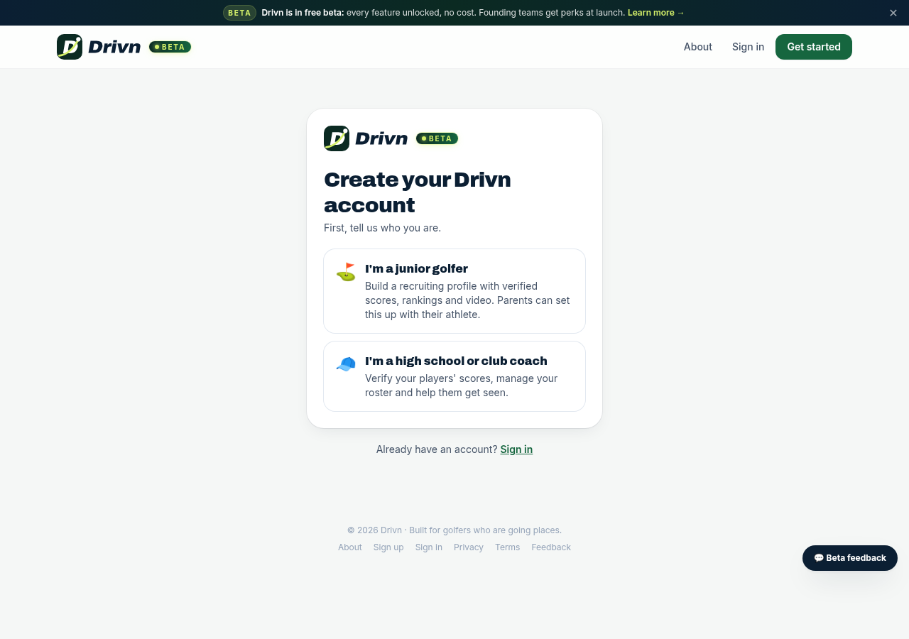 Create your Drivn account: choose junior golfer or high school / club coach